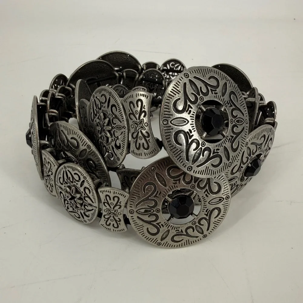 Vintage Y2K Silver Tone Concho Belt Black‎ Rhinestone Boho Western Festival 37
